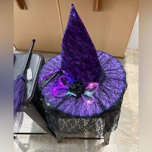Light up Witch Hat with Black Veil light up plastic broom and socks NWOT